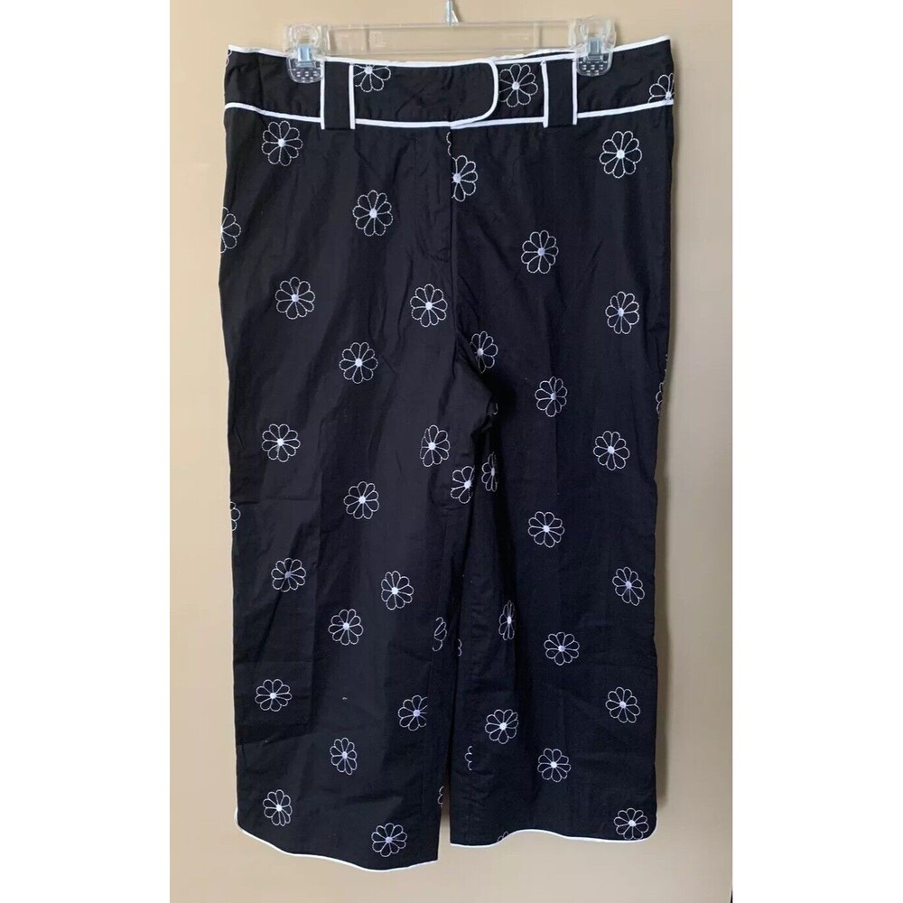 Onque Casuals Pants Large Black w/ Embroidered White Flowers Zip Up Stretch B6